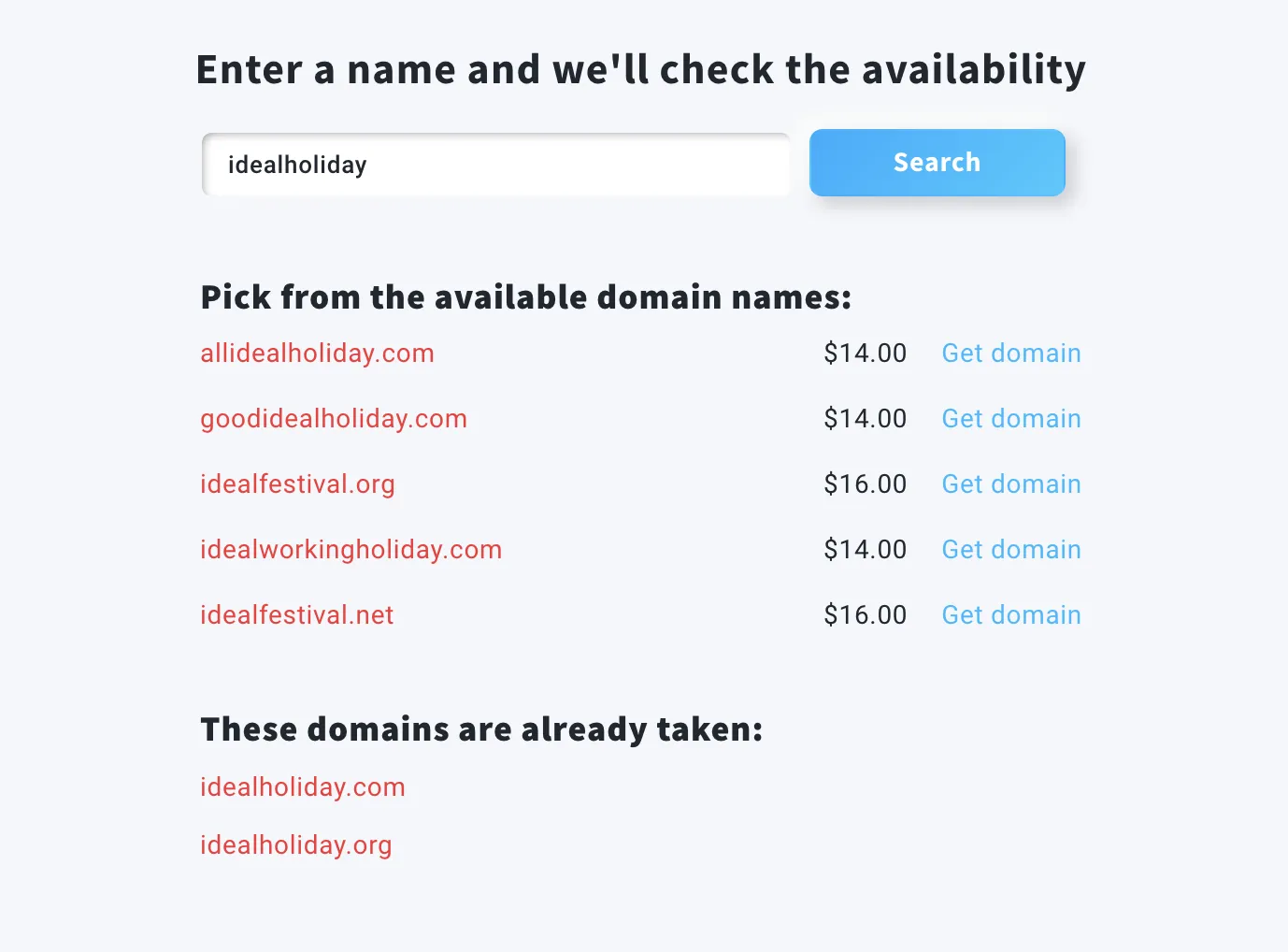 Domain name search tool interface showing availability check for a web domain name